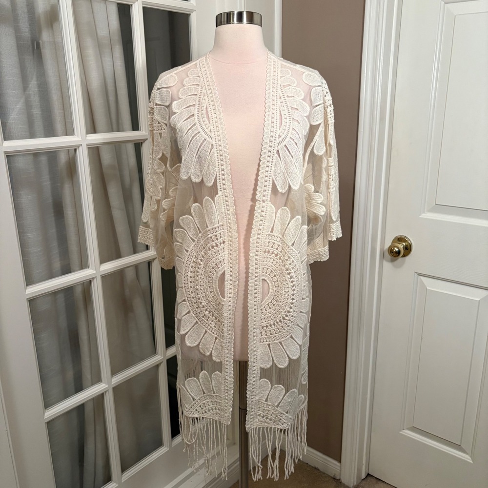 Chico's Lace Fringe Duster Jacket S/M Ivory Sheer Embroidered‎ Boho Kimono